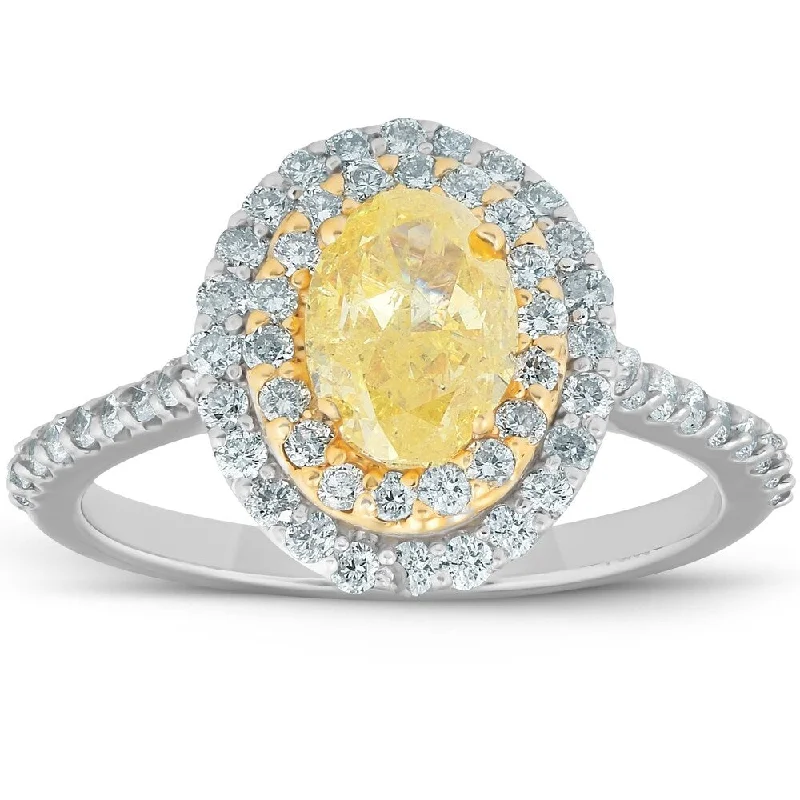 gemstone wedding rings for women -wedding engagement ring bands -bridal engagement rings for women -1.75Ct Fancy Yellow Oval GIA Diamond Engagement Double Halo Ring 14k Gold