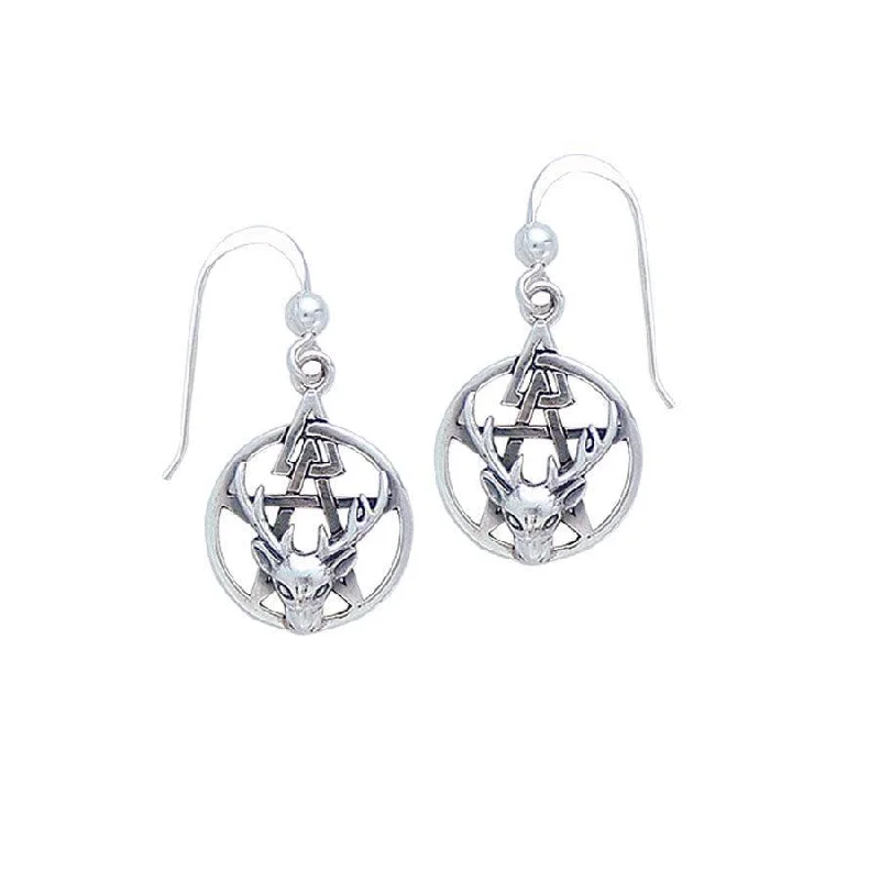 big hoop earrings for women -diamond stud earrings for women -The Third Degree Pentacle with Dear Head Silver Earrings TE2796