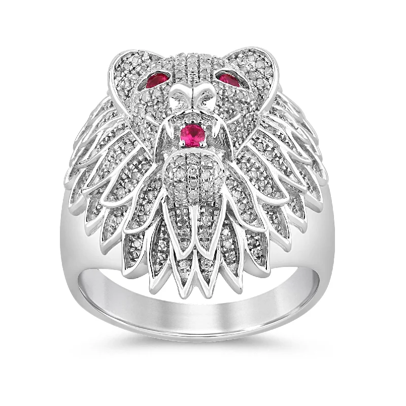 geometric necklaces for women -elegant pendant necklaces for women -Stanton Made for Men Lion Head Ring with 0.60ct of Diamonds and Created Ruby in Sterling Silver