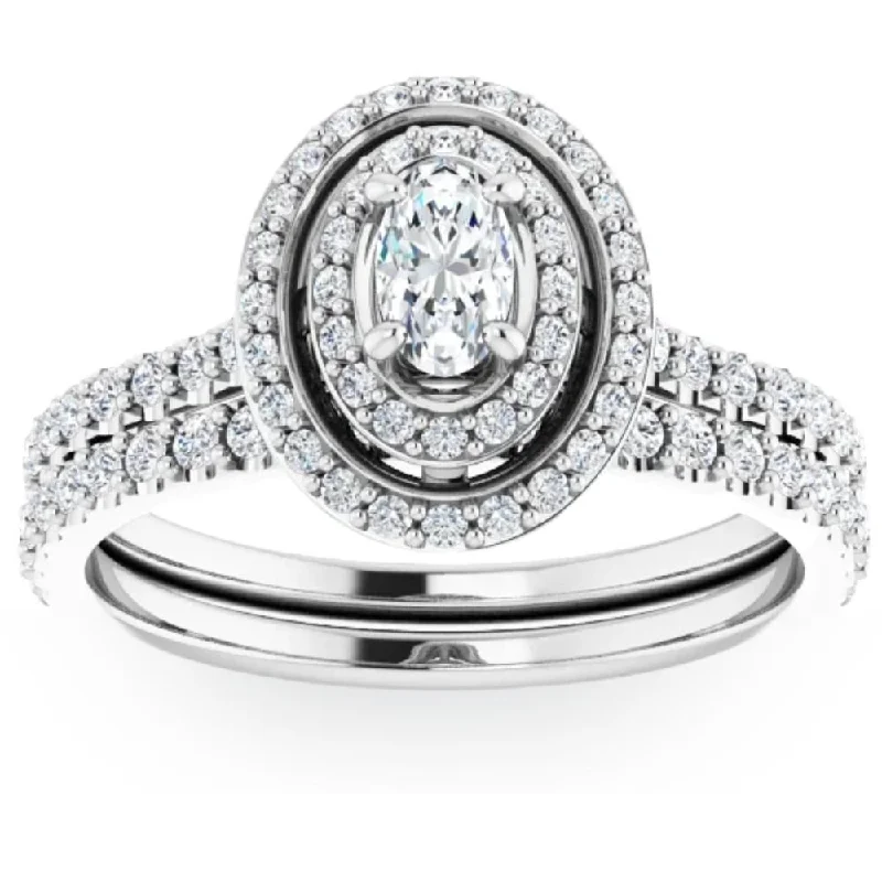 unique engagement rings for women -unique engagement rings for brides -trendy engagement rings for women -1 Ct Double Halo Oval Diamond Engagement Wedding Ring Set in White Gold