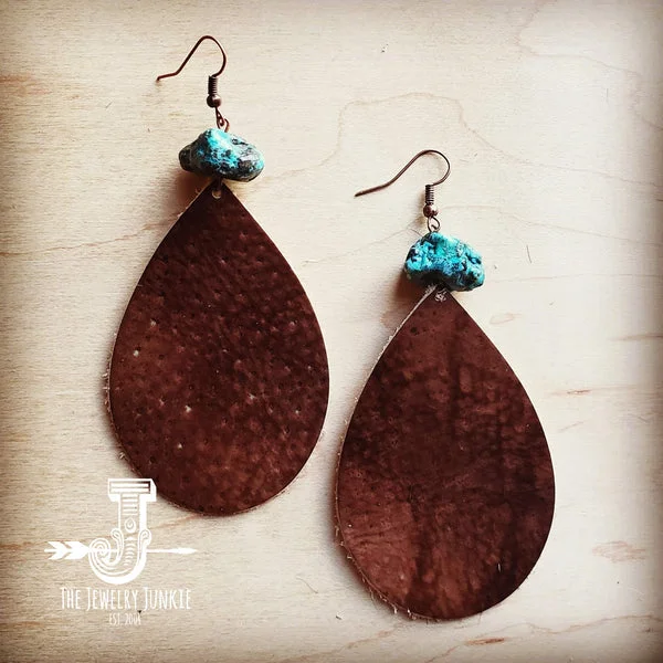 chic earrings for women -statement drop earrings for women -Leather Teardrop Earrings in Brown with Natural Turquoise Chunk