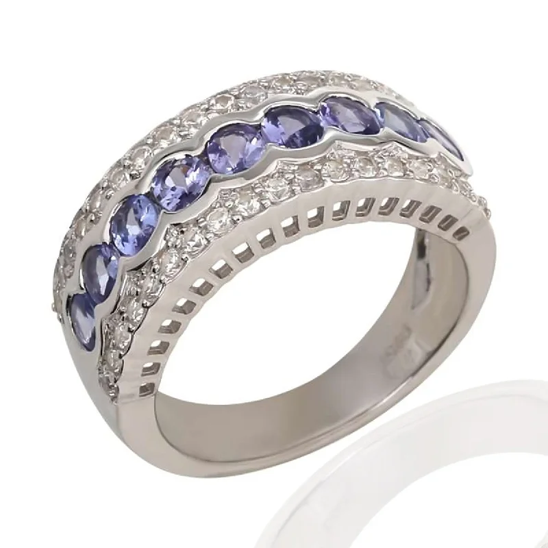 925 Sterling Silver Tanzanite And White Natural Zircon Band Ring