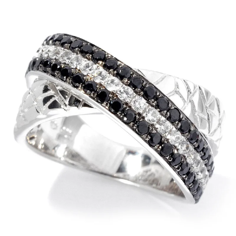 Platinum over Sterling Silver Black Spinel and White Zircon Animal Print Textured Band Ring