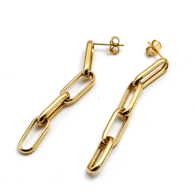 luxury gemstone earrings for women -pearl earrings for women -Real Gold Thick Paper Clip Link Hanging Curved Stud Earring Set 1707 E1834