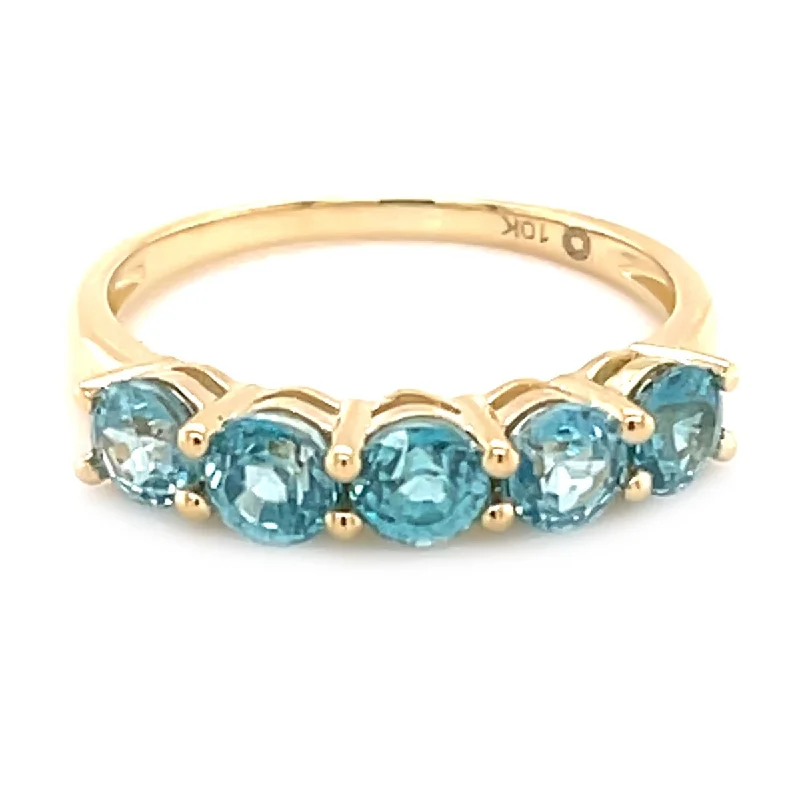 10K Yellow Gold Blue Zircon Gemstone 5 StoneBand Ring