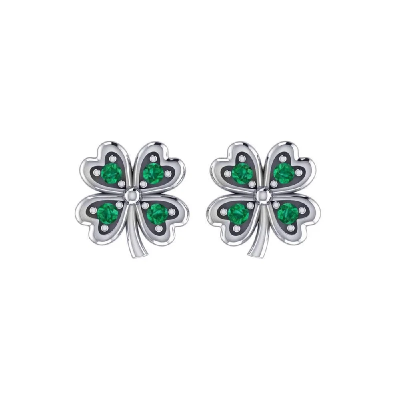 floral earrings for women -hoop earrings for women -Lucky Four Leaf Clover Silver Post Earrings with Gemstone TER1844