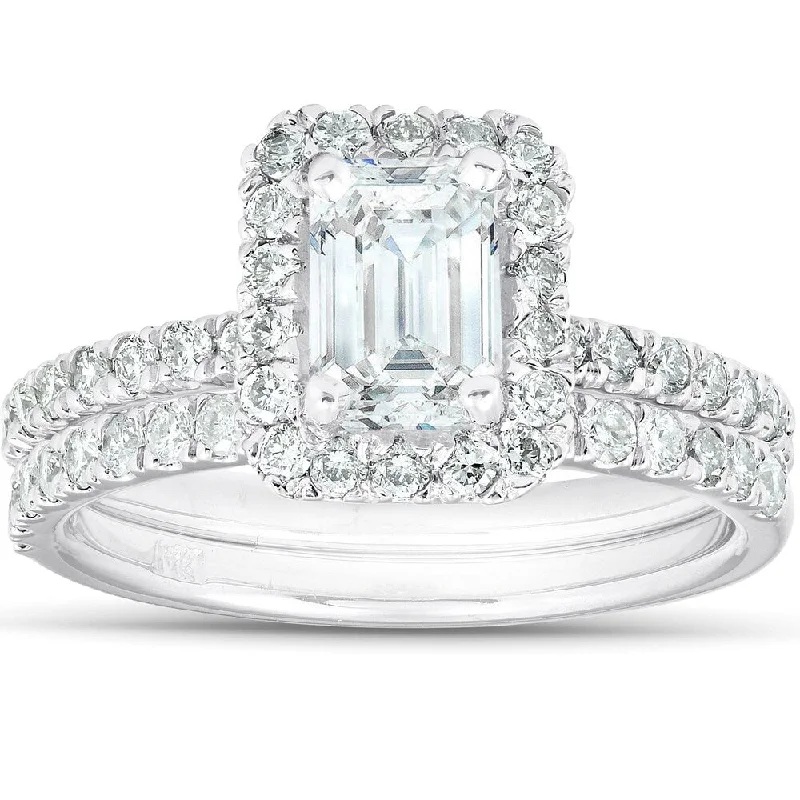 unique engagement rings for women -unique engagement rings for brides -trendy engagement rings for women -1 3/4 Ct Emerald Cut Diamond Halo Engagement Wedding Ring Set 14k White Gold