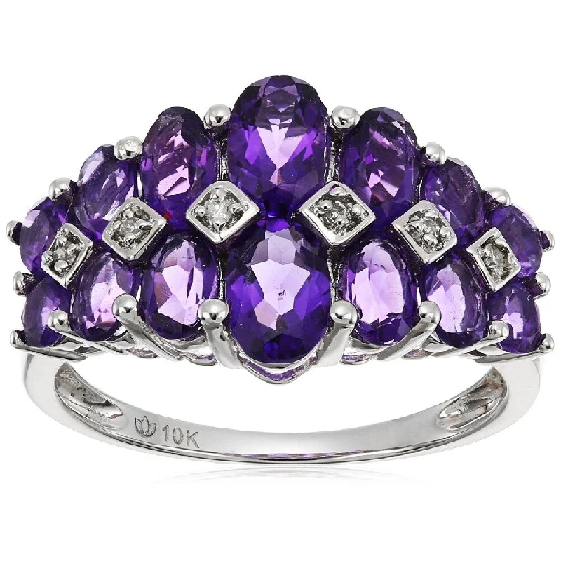 10k White Gold African Amethyst, Diamond Accented Band Ring, Size 7 - Purple