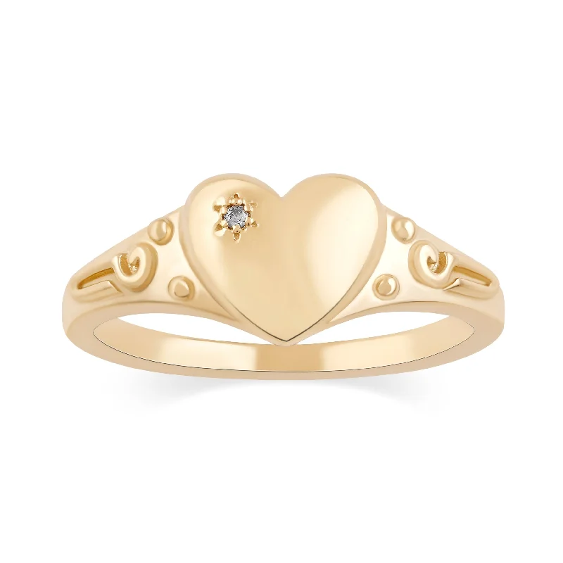 friendship necklaces for women -zodiac necklaces for women -Diamond Set Heart Signet Ring with Diamonds in 9ct Yellow Gold