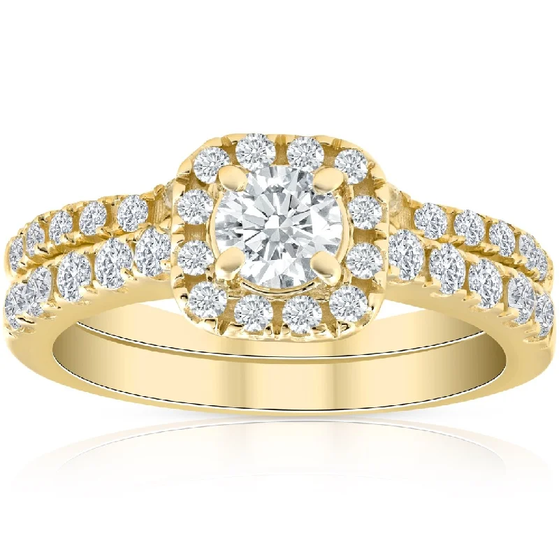 stylish engagement rings for women -luxury engagement rings for modern brides -brilliant-cut engagement rings for women -1 Ct Diamond Cushion Halo Engagement Wedding Ring Set 10k Yellow Gold