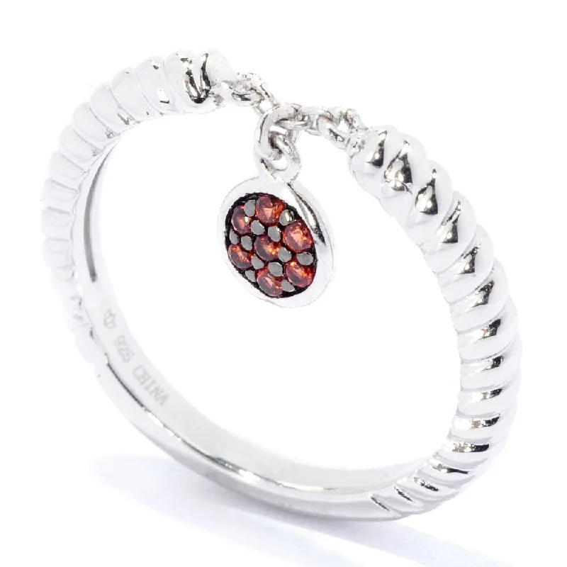 Sterling Silver Round Red Garnet Dangle Charm Stack Band Ring