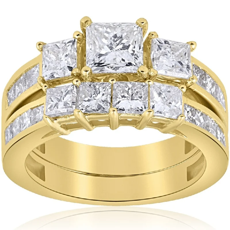 promise rings for women -luxury engagement rings for women -halo engagement rings for women -Pompeii3 14k Yellow Gold 3 1/2 ct TDW Princess Cut Clarity Enhanced Diamond Engagement Matching Wedding Ring Set - White