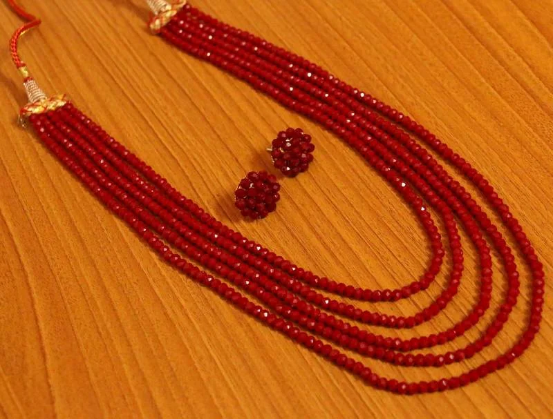 custom gemstone necklaces for women -multi-strand necklaces for women -5 Line Ruby Colour Multi Sting Necklace Set