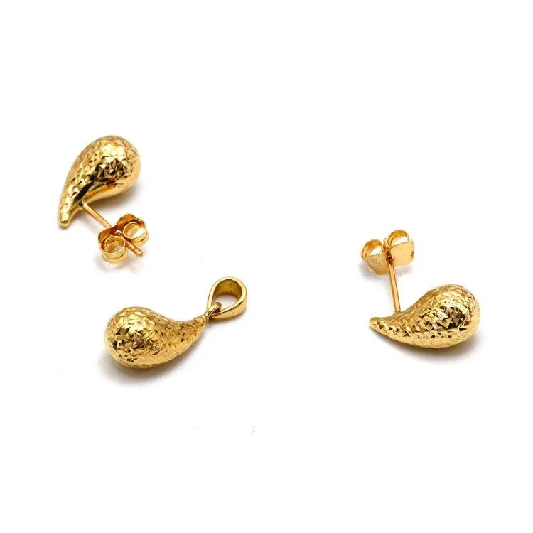 cute stud earrings for women -personalized earrings for women -Real Gold Glittering Oval Teardrop Water Drop Earring Set 9138 with Pendant 5084 - SET1072