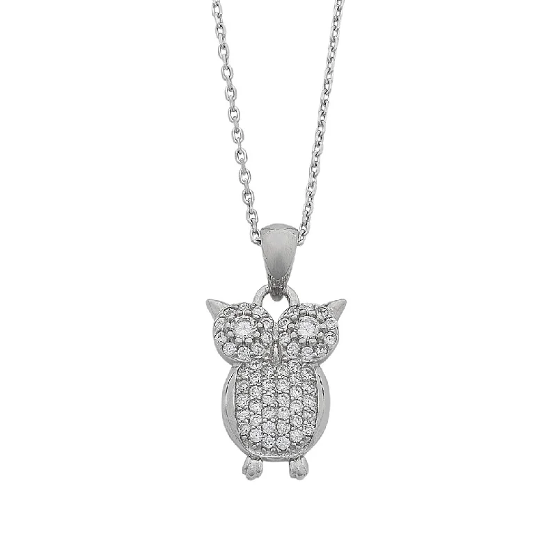 heirloom necklaces for women -fashionable necklaces for women -Cubic Zirconia Pave Owl Necklace in Sterling Silver