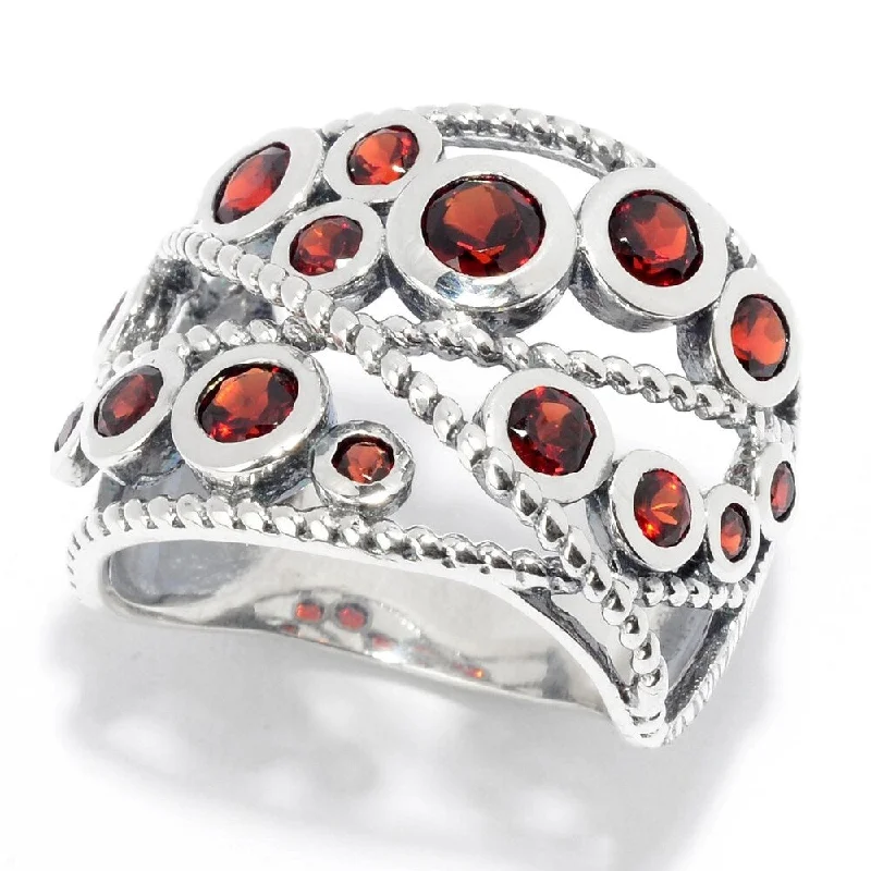 Sterling Silver Round Red Garnet Beaded Wide Band Ring