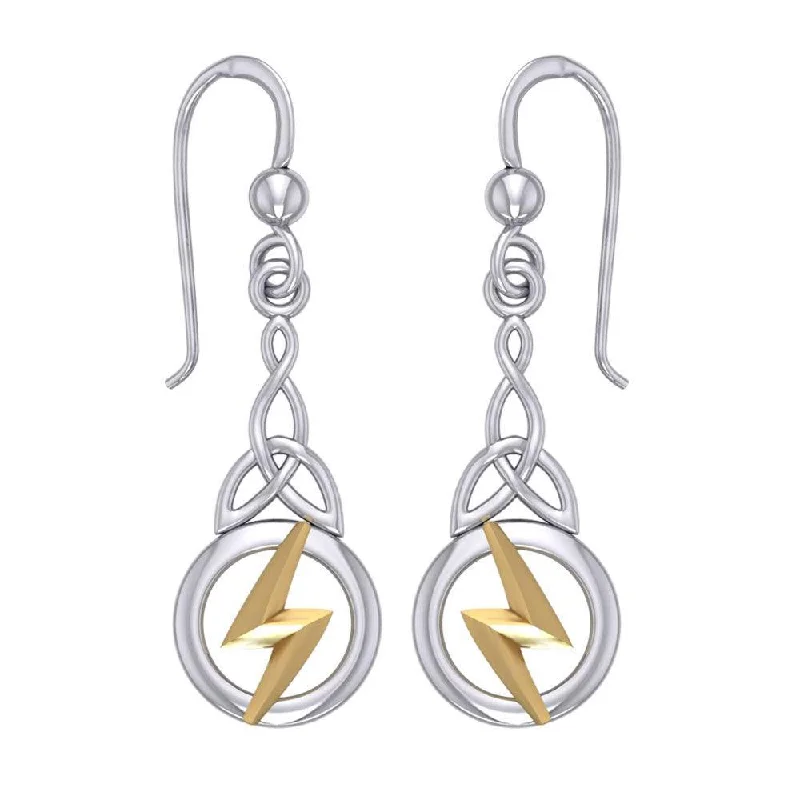 sterling silver earrings for women -hoop earrings for women -Zeus God Lightning Bolt with Celtic Trinity Knot Silver and 14K Gold Accent Earrings MER1966