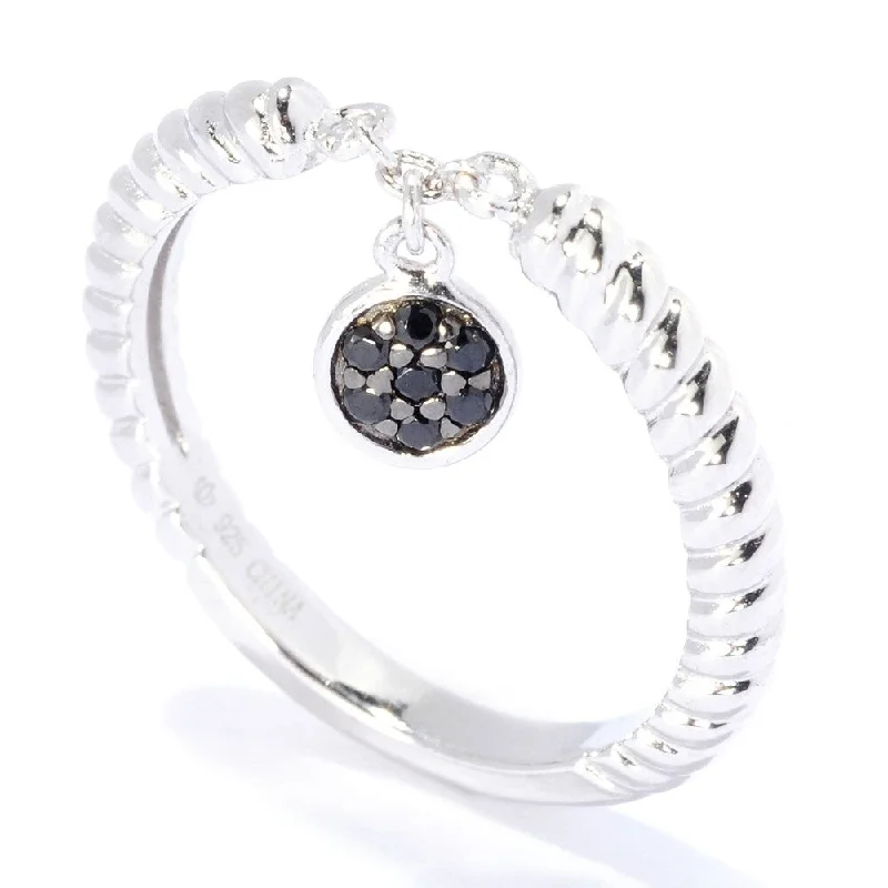 Sterling Silver Round Black Spinel Dangle Charm Stack Band Ring