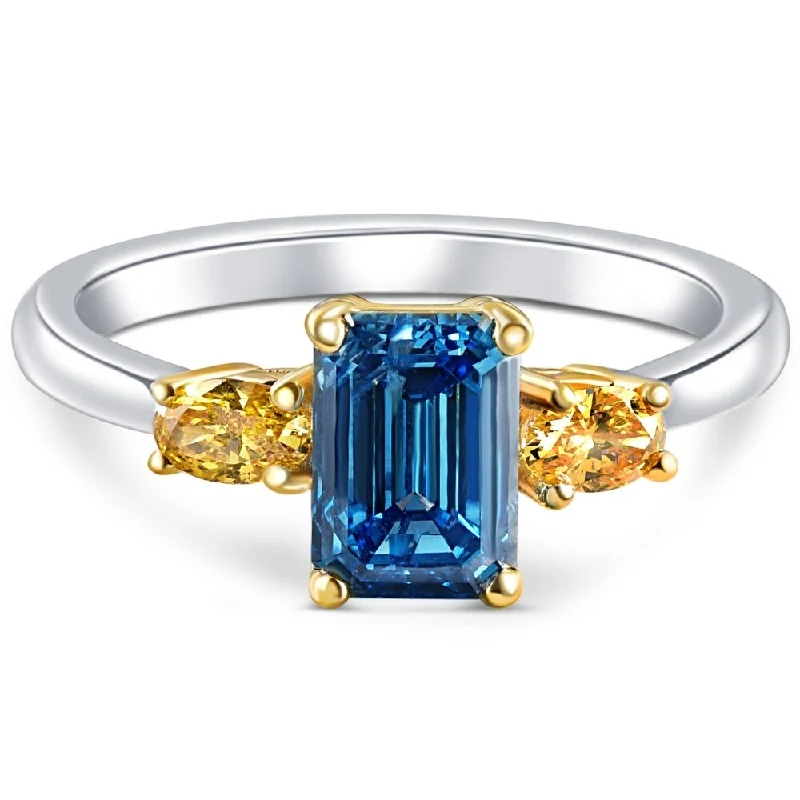 engagement rings for women -vintage engagement rings for women -custom engagement rings for women -1 1/4Ct Fancy Blue & Yellow Diamond Engagement Three Stone Emerald Ring Gold