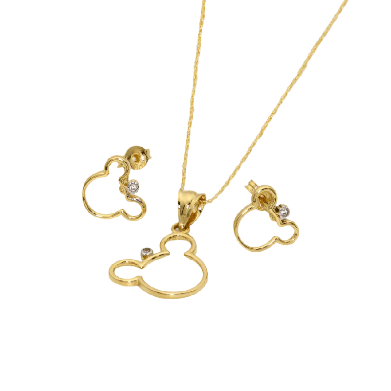 elegant earrings for women -gold earrings for women -Real Gold Mickey Mouse Earring Set With Pendant And Chain 0222 SET1075