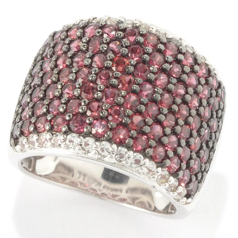 Sterling Silver Round Rhodolite and White Topaz Wide Band Ring