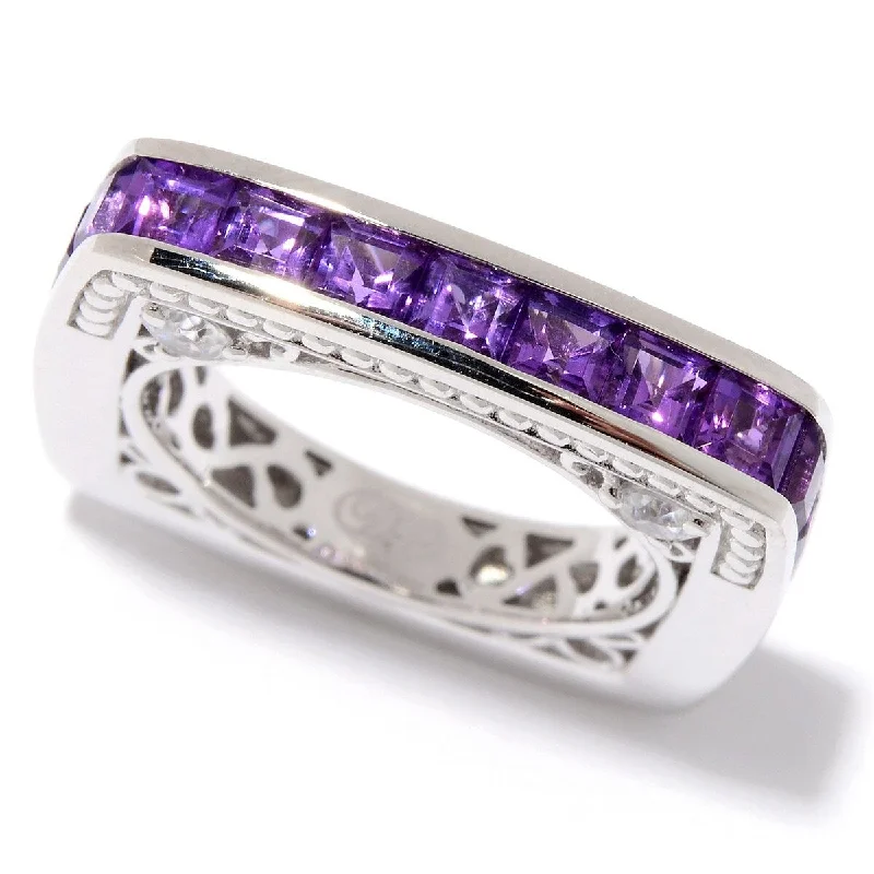 Sterling Silver African Amethyst & White Zircon Square Band Ring