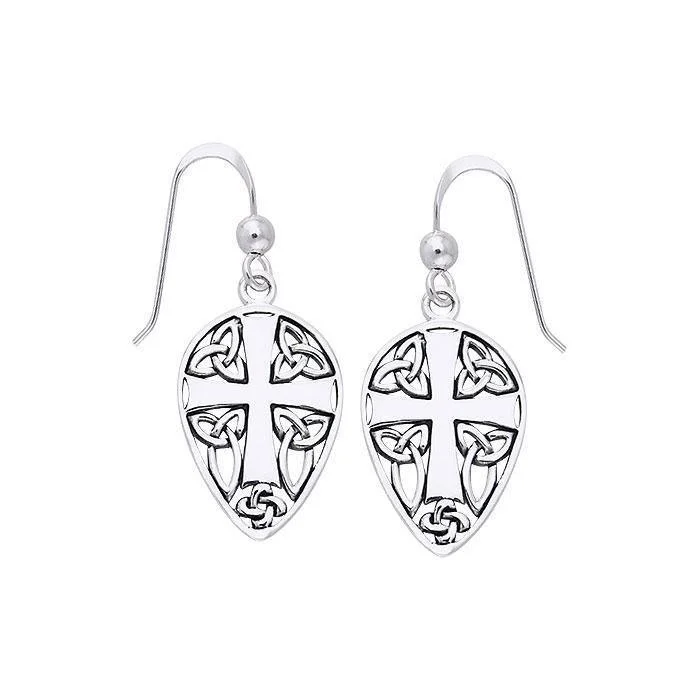 affordable earrings for women -statement drop earrings for women -Celtic Knotwork Cross Shield Silver Earrings TER471