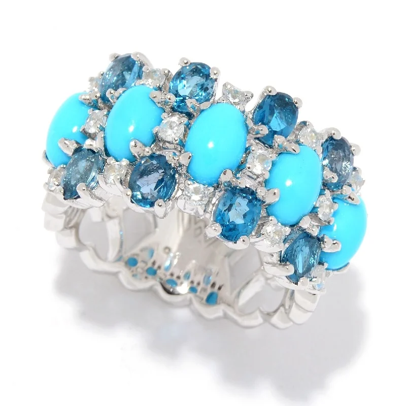 925 Sterling Silver Sleeping Beauty Turquoise and London Blue Topaz Gemstone Band Ring