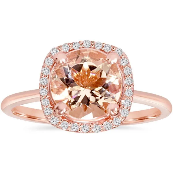 elegant rings for women -timeless engagement rings for women -platinum wedding engagement rings -Pompeii3 Engagement 14k Rose Gold 1/8 ct TDW Morganite and Diamond Cushion Halo Ring (I-J, I2-I3) - Orange