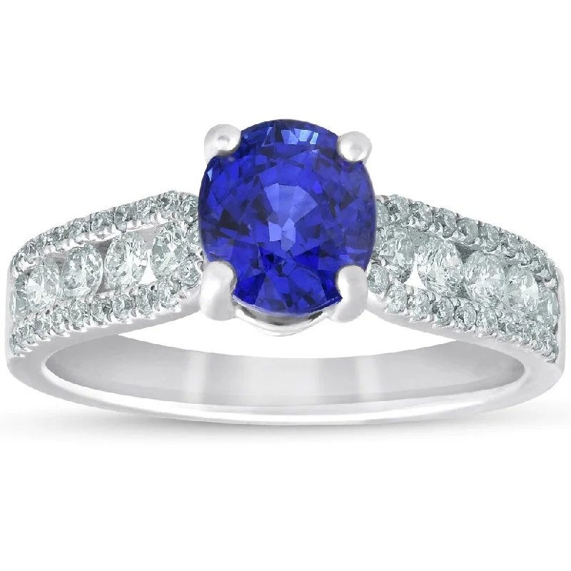 vintage gold rings for women -wedding engagement ring sets -timeless engagement rings for women -Pompeii3 18k White Gold 2.72 ct Oval Cyelon Blue Sapphire Diamond Engagement Anniversar Ring SZ 6.5