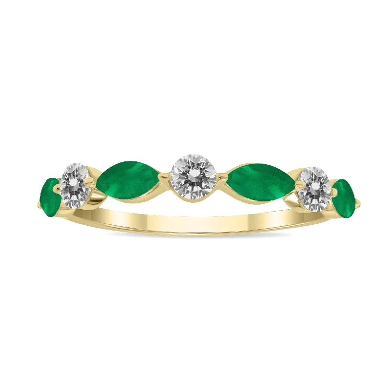 infinity rings for women -affordable engagement rings for women -princess cut engagement rings for women -Marquee Jewels 3/4 CTW Marquise Shape Emerald and Diamond Wedding Band in 10K Yellow Gold