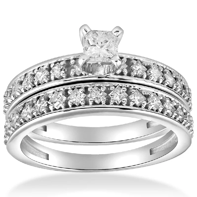 fashion rings for women -platinum engagement rings for women -custom diamond engagement rings for women -10k White Gold 1 cttw Princess Cut Diamond Engagement Wedding Ring Set