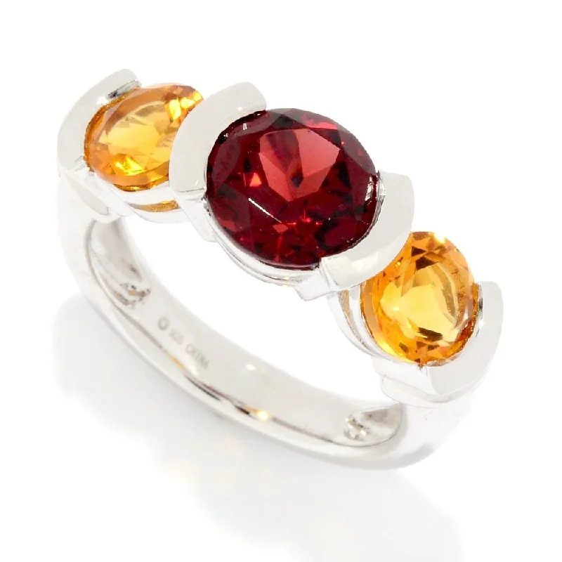 Sterling Silver 3.50ctw Garnet & Citrine 3-Stone Band Ring