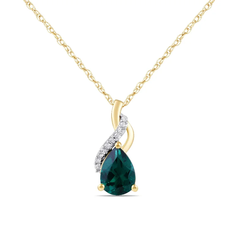 ruby necklaces for women -birthstone pendant necklaces for women -Pear Created Emerald Swirl Diamond Set Necklace in 9ct Yellow Gold