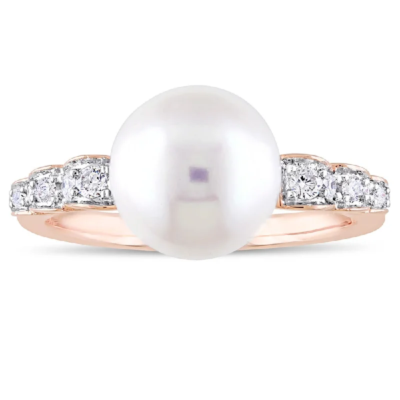 stylish rings for women -unique engagement rings for women -engagement rings with side stones -Miadora Signature Collection 10k Rose Gold Cultured Freshwater Pearl and 1/8ct TDW Diamond Solitaire Ring (9-9.5 mm) - White