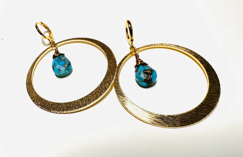 statement drop earrings for women -drop earrings for women -Brass Hoop Gemstone Earrings/Hoop  Earrings /Natural gemstone/turquoise