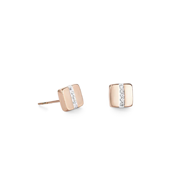 minimal gold earrings for women -diamond stud earrings for women -Earrings stainless steel square rose gold & crystals pavé strip crystal Ref :0225-21-1800