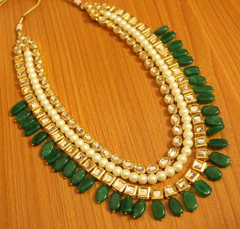 multi-strand necklaces for women -long pendant necklaces for women -Emerald Look Kundan Meenakari Pearl Ethnic Necklace Set