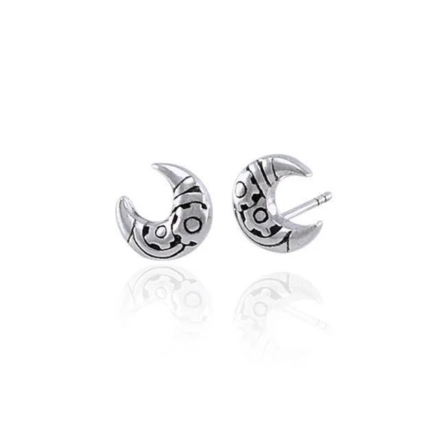 zirconia earrings for women -statement drop earrings for women -Steampunk Crescent Moon Silver Post Earrings TER1371