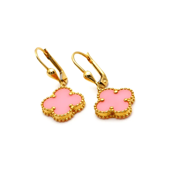 wedding earrings for women -diamond stud earrings for women -Real Gold Pink Hanging Clip Earring Set - Model GZJVN E1921