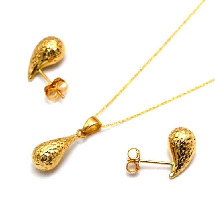 simple gold earrings for women -luxury earrings for women -Real Gold Glittering Teardrop Water Drop Earring Set 9138 with Pendant 5084 and Chain - SET1073