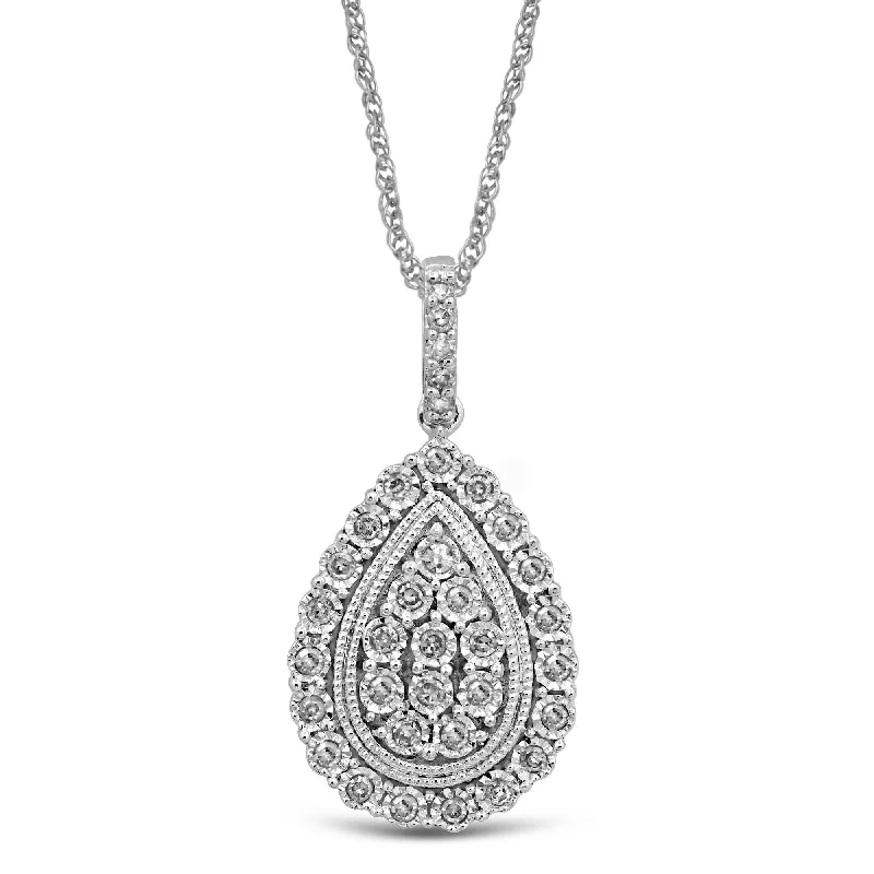 sapphire necklaces for women -vintage-inspired necklaces for women -Brilliant Halo Pear Necklace with 1/4ct of Diamonds in 9ct White Gold