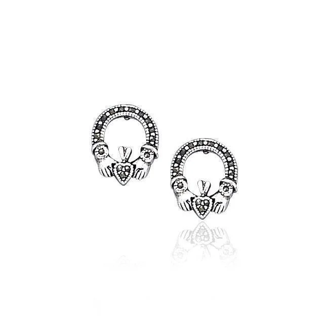 gold hoop earrings for weddings -statement drop earrings for women -Irish Claddagh Silver Post Earrings with Marcasite TE793