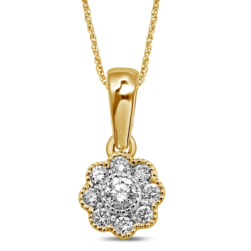 trendy silver necklaces for women -romantic pendant necklaces for women -Brilliant Milgrain Flower Necklace with 1/3ct of Diamonds in 9ct Yellow Gold