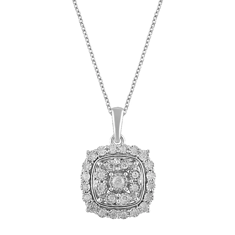 handmade necklaces for women -diamond necklaces for brides -Halo Square Look Necklace with 0.15ct of Diamonds in Sterling Silver