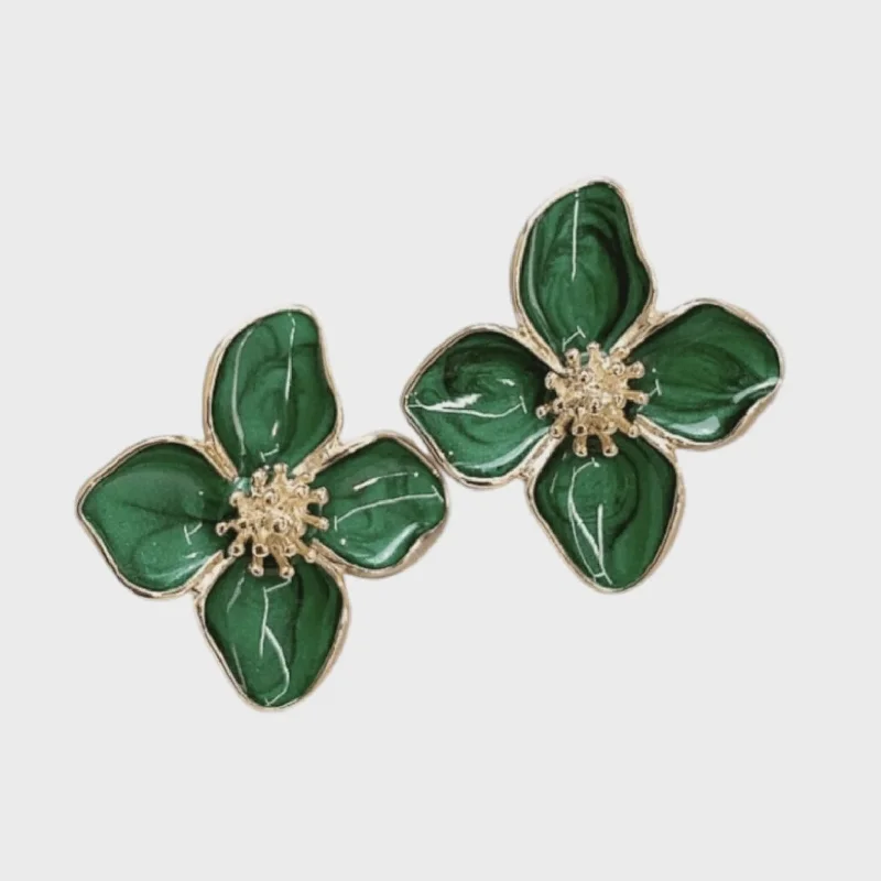 gemstone drop earrings for women -luxury earrings for women -Maggie Handpainted Enamel Flower Studs (Green)