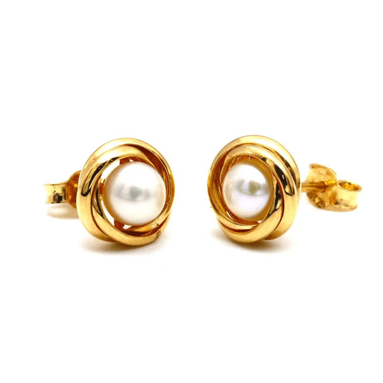 cute earrings for women -gold stud earrings for women -Real Gold Pearl Round Stud Earring Set 0386 E1758