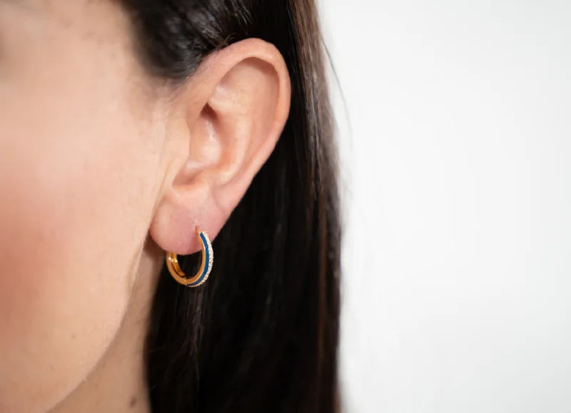 modern earrings for brides -gold earrings for women -SMALTO - Silver 925 Gold Plated & Blue Enamel Hoop Looped Earrings