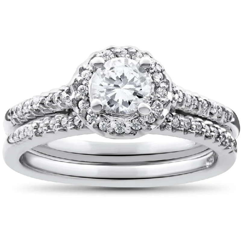 elegant rings for women -timeless engagement rings for women -platinum wedding engagement rings -14k White Gold 7/8ct Round Halo Diamond Engagement Matching Wedding Ring Set