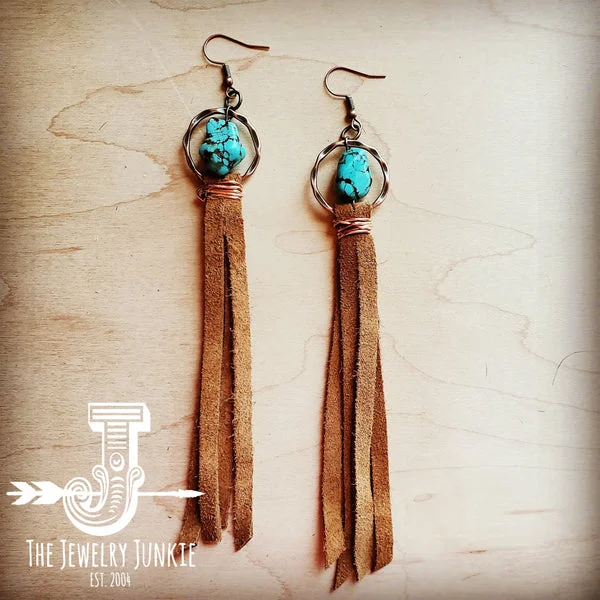 bold earrings for women -gemstone earrings for women -Turquoise Drop Earrings w/ Suede Leather Tassel